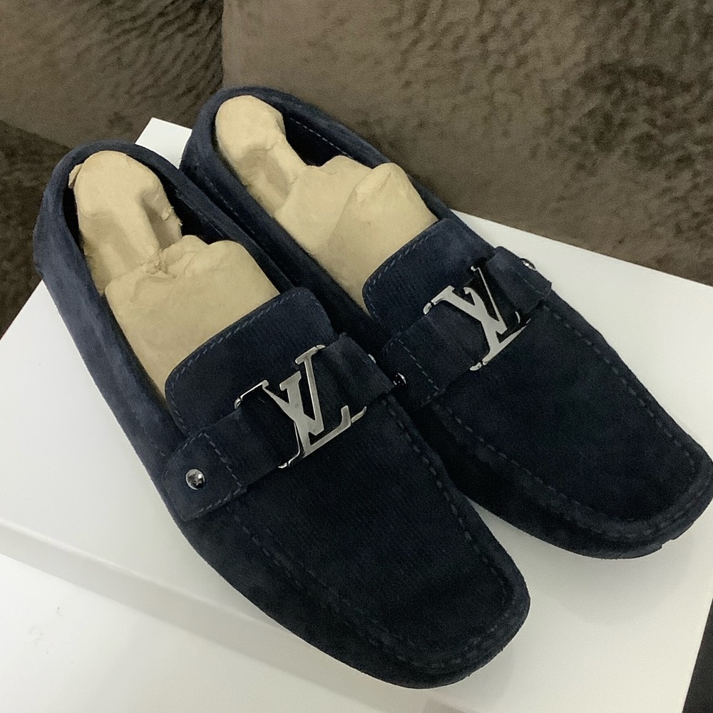 Louis Vuitton Navy suede Loafers Moccasin with Metallic Detail, FA 0133, Size 10